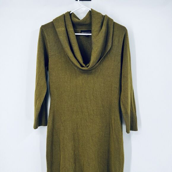 Connected Apparel M Olive Green Cowl Neck LS Sweater Midi Dress Boho Demure - Picture 2 of 9